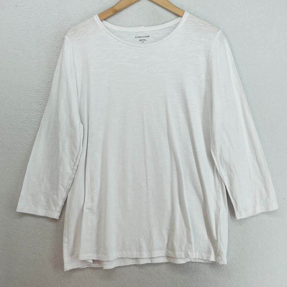 EILEEN FISHER Top L Slub Organic Cotton Jersey Round Neck 3/4 Sleeve White